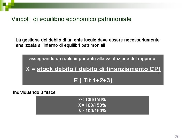 Vincoli di equilibrio economico patrimoniale La gestione del debito di un ente locale deve