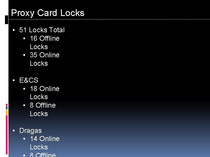 Proxy Card Locks • 51 Locks Total • 16 Offline Locks • 35 Online
