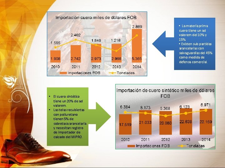  • La materia prima cuero tiene un ad valorem del 10% y 15%.