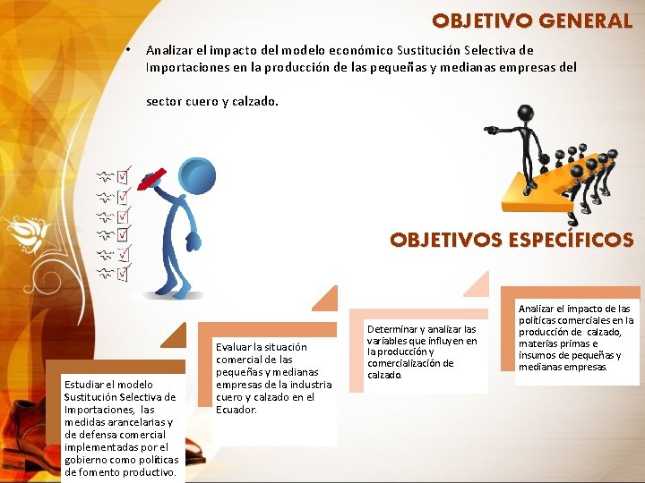 OBJETIVO GENERAL • Analizar el impacto del modelo económico Sustitución Selectiva de Importaciones en