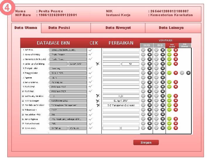 4 Nama NIP Baru : Pevita Pearce : 198612262009122001 Data Utama Data Posisi DATABASE 4 Nama NIP Baru : Pevita Pearce : 198612262009122001 Data Utama Data Posisi DATABASE