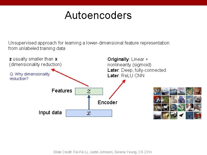 Autoencoders Unsupervised approach for learning a lower-dimensional feature representation from unlabeled training data z