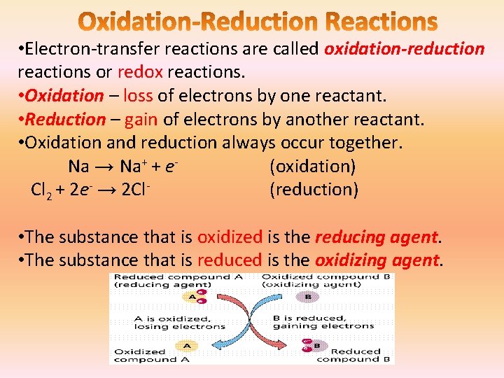  • Electron-transfer reactions are called oxidation-reduction reactions or redox reactions. • Oxidation –