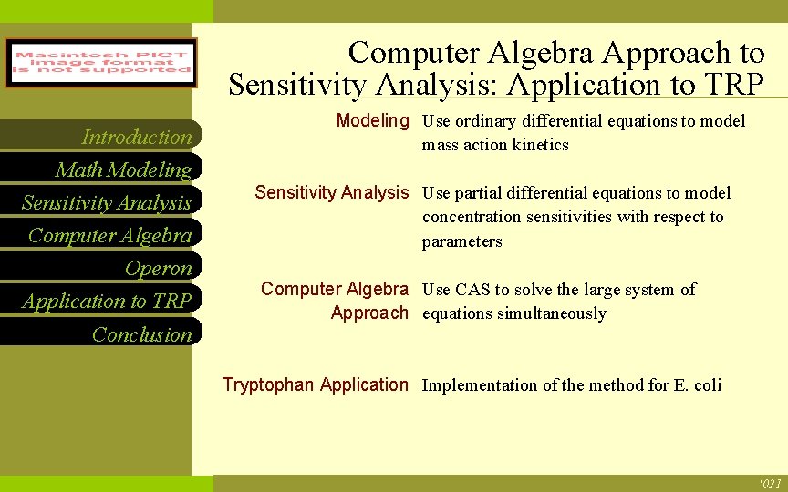 Casey Henderson and Necmettin Yildirim NCF LOGO Introduction Math Modeling Sensitivity Analysis Computer Algebra