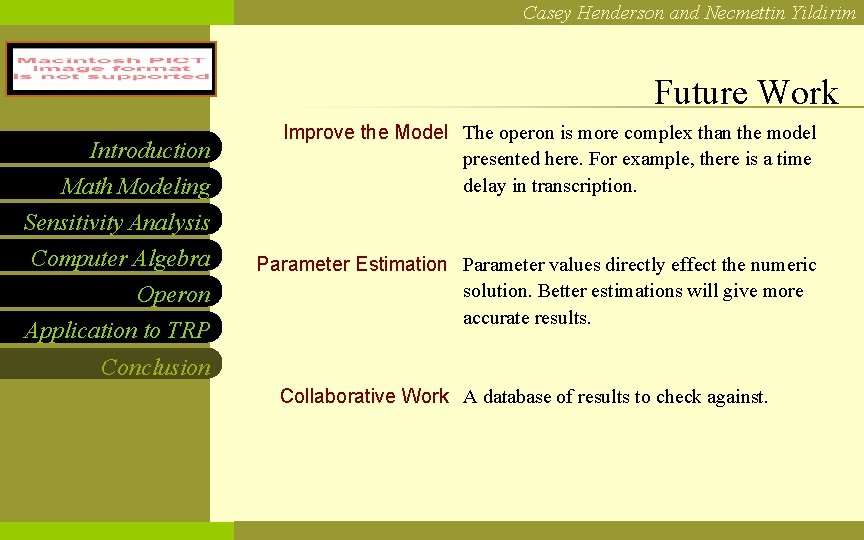 Casey Henderson and Necmettin Yildirim NCF LOGO Introduction Math Modeling Sensitivity Analysis Computer Algebra