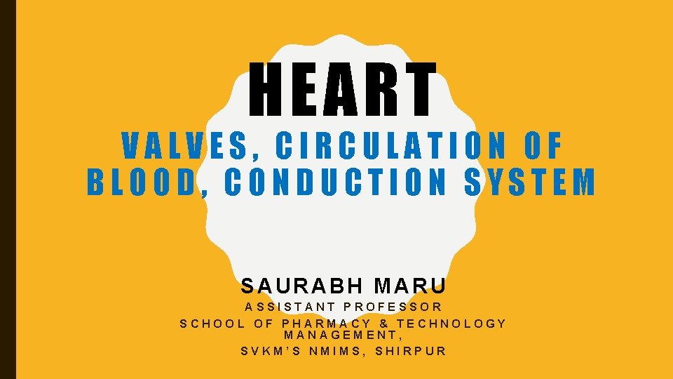 HEART VALVES, CIRCULATION OF BLOOD, CONDUCTION SYSTEM SAURABH MARU ASSISTANT PROFESSOR SCHOOL OF PHARMACY