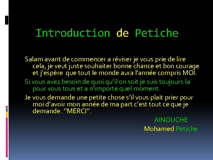 Introduction de Petiche Salam avant de commencer a réviser je vous prie de lire