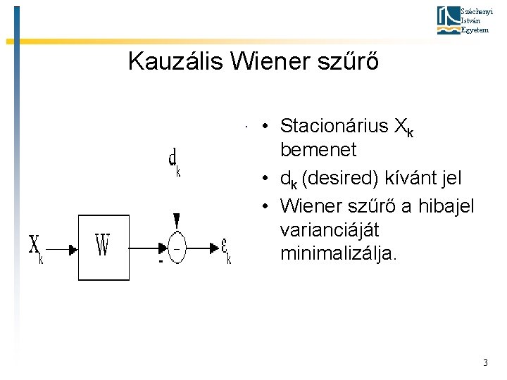 Széchenyi István Egyetem Kauzális Wiener szűrő • Stacionárius Xk bemenet • dk (desired) kívánt