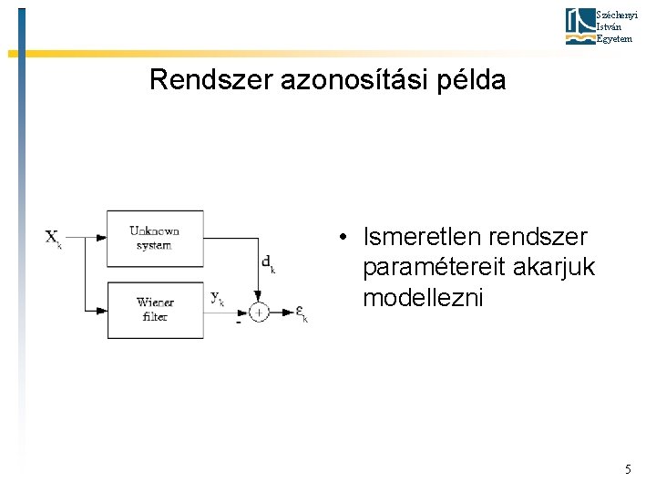 Széchenyi István Egyetem Rendszer azonosítási példa • Ismeretlen rendszer paramétereit akarjuk modellezni 5 