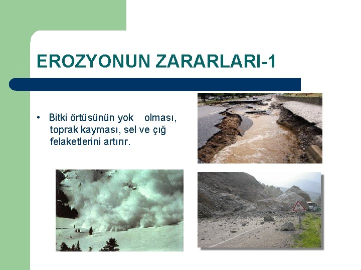 EROZYONUN ZARARLARI-1 • Bitki örtüsünün yok olması, toprak kayması, sel ve çığ felaketlerini artırır.