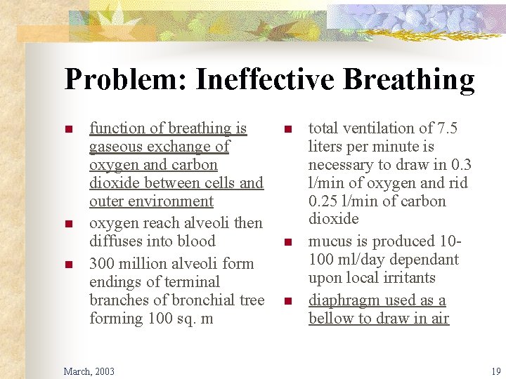 Problem: Ineffective Breathing n n n function of breathing is gaseous exchange of oxygen