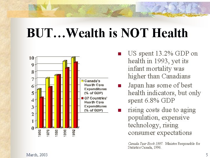 BUT…Wealth is NOT Health n n n US spent 13. 2% GDP on health