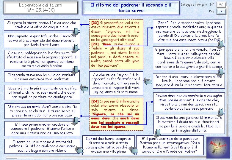 La parabola dei talenti (Mt. 25, 14 -30) Si ripete la stessa scena. L’unica