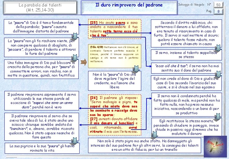 La parabola dei talenti (Mt. 25, 14 -30) La “paura” di Dio è il