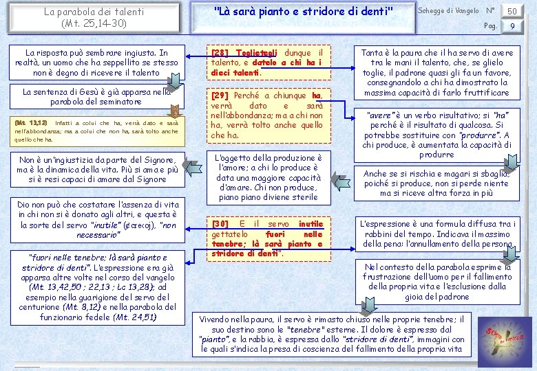 La parabola dei talenti (Mt. 25, 14 -30) "Là sarà pianto e stridore di