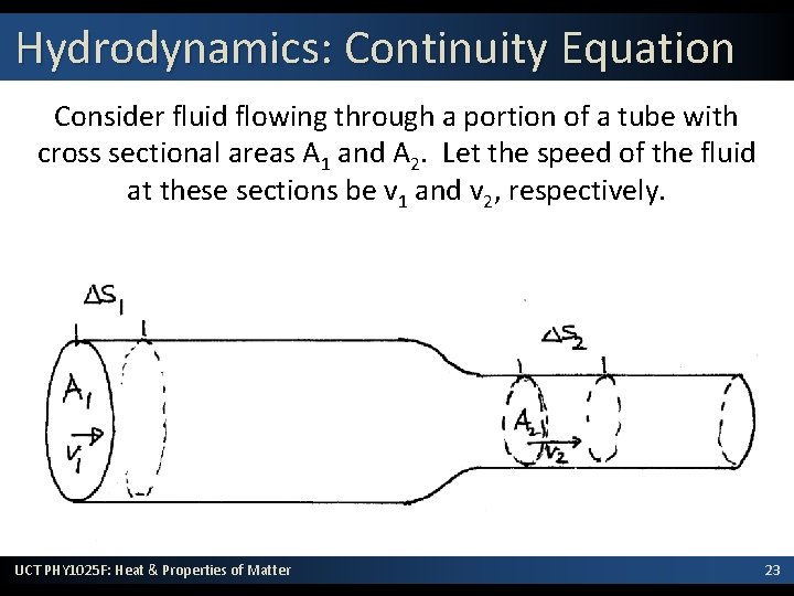 Hydrodynamics: Continuity Equation Consider fluid flowing through a portion of a tube with cross