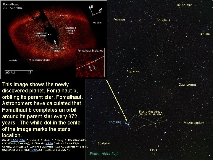 This image shows the newly discovered planet, Fomalhaut b, orbiting its parent star, Fomalhaut.