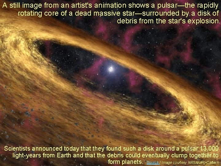 A still image from an artist's animation shows a pulsar—the rapidly rotating core of