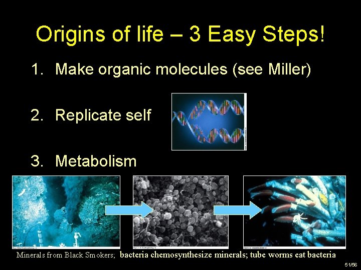 Origins of life – 3 Easy Steps! 1. Make organic molecules (see Miller) 2.