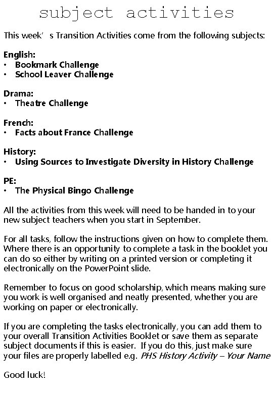 subject activities This week’s Transition Activities come from the following subjects: English: • Bookmark