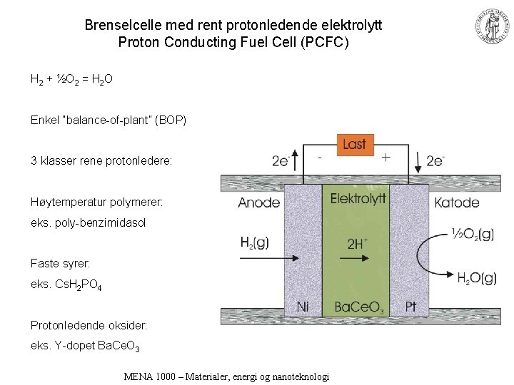 Brenselcelle med rent protonledende elektrolytt Proton Conducting Fuel Cell (PCFC) H 2 + ½O