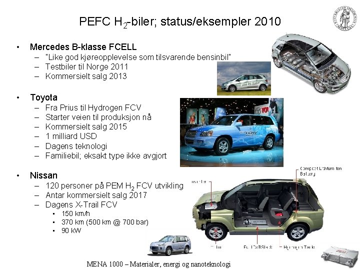 PEFC H 2 -biler; status/eksempler 2010 • Mercedes B-klasse FCELL – ”Like god kjøreopplevelse