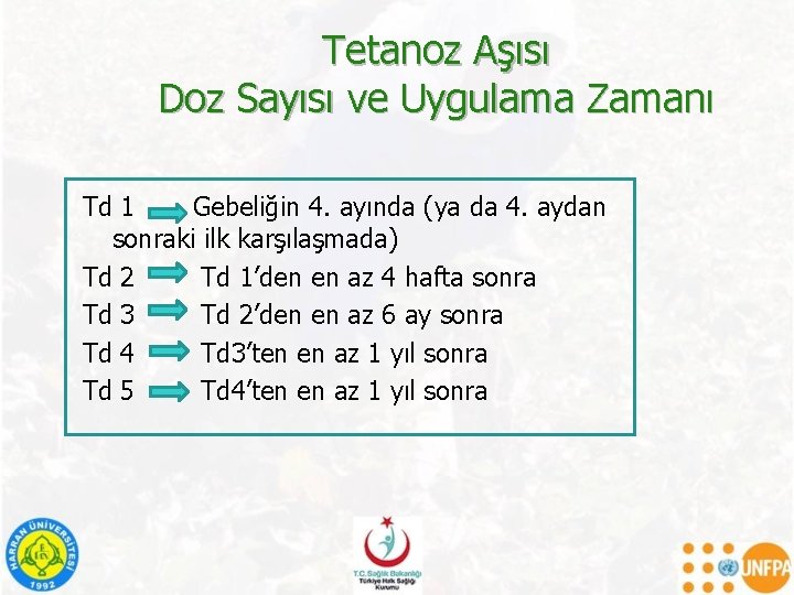 Tetanoz Aşısı Doz Sayısı ve Uygulama Zamanı Td 1 Gebeliğin 4. ayında (ya da