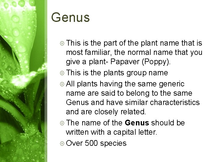 Genus This is the part of the plant name that is most familiar, the