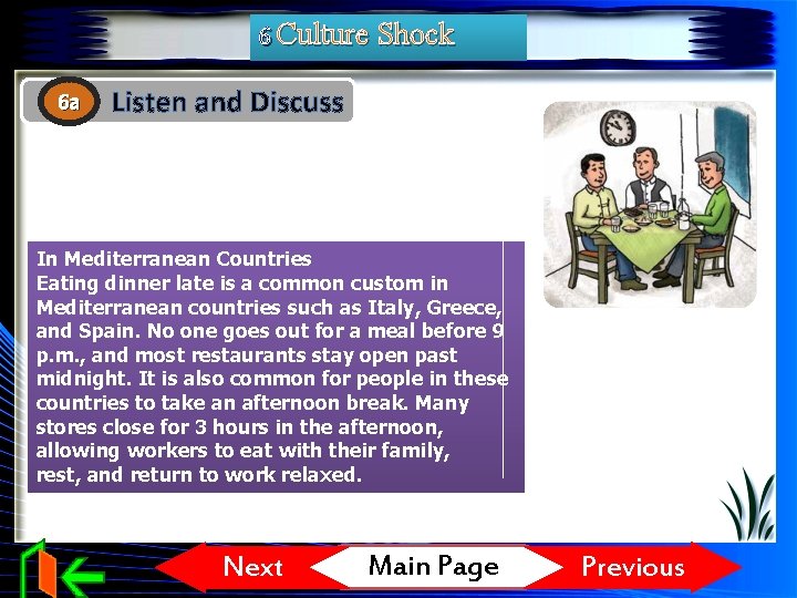 6 Culture Shock 6 a Listen and Discuss In Mediterranean Countries Eating dinner late