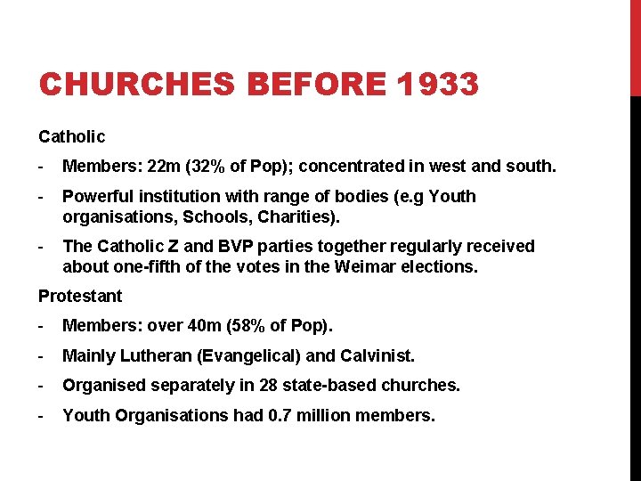 CHURCHES BEFORE 1933 Catholic - Members: 22 m (32% of Pop); concentrated in west CHURCHES BEFORE 1933 Catholic - Members: 22 m (32% of Pop); concentrated in west