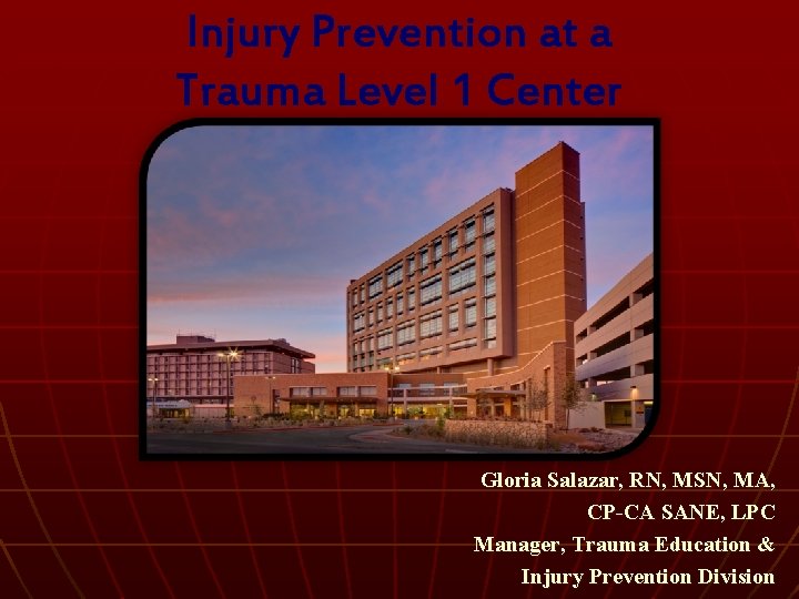 Injury Prevention at a Trauma Level 1 Center Gloria Salazar, RN, MSN, MA, CP-CA