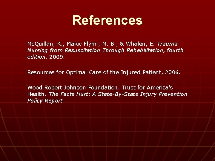 References Mc. Quillan, K. , Makic Flynn, M. B. , & Whalen, E. Trauma