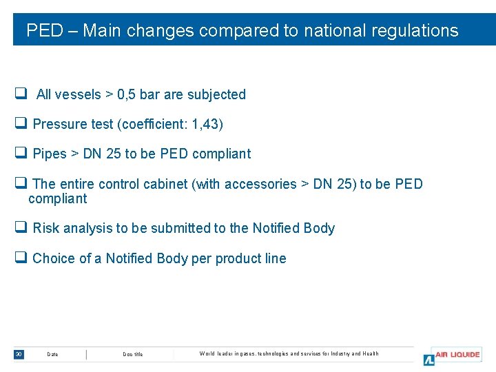 PED – Main changes compared to national regulations q All vessels > 0, 5