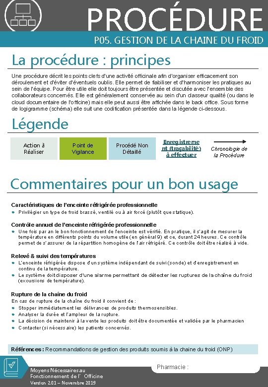 PROCÉDURE P 05. GESTION DE LA CHAINE DU FROID La procédure : principes Une PROCÉDURE P 05. GESTION DE LA CHAINE DU FROID La procédure : principes Une