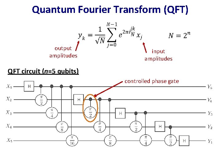 Quantum Fourier Transform (QFT) output amplitudes input amplitudes QFT circuit (n=5 qubits) controlled phase