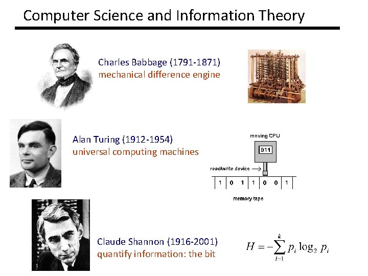 Computer Science and Information Theory Charles Babbage (1791 -1871) mechanical difference engine Alan Turing