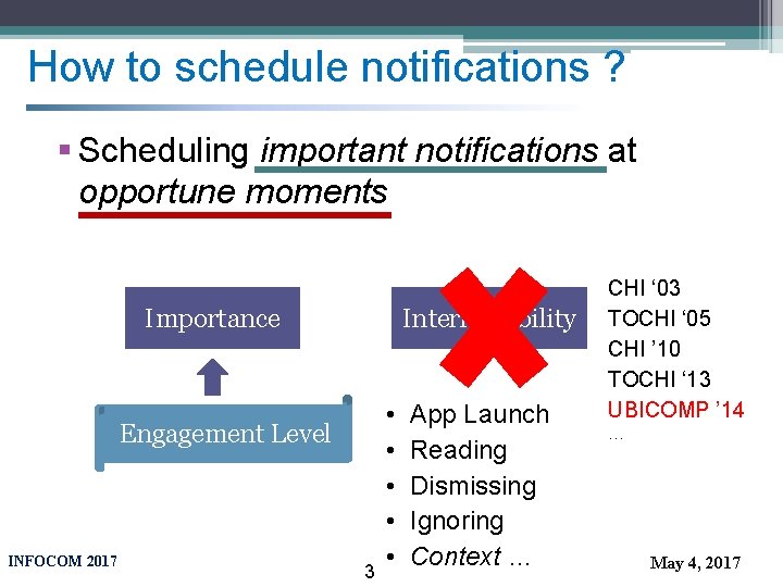 How to schedule notifications ? § Scheduling important notifications at opportune moments Importance Interruptibility