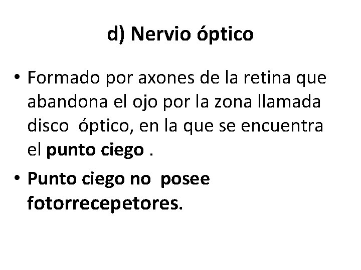d) Nervio óptico • Formado por axones de la retina que abandona el ojo