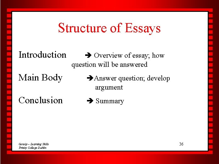 Structure of Essays Introduction Overview of essay; how question will be answered Main Body