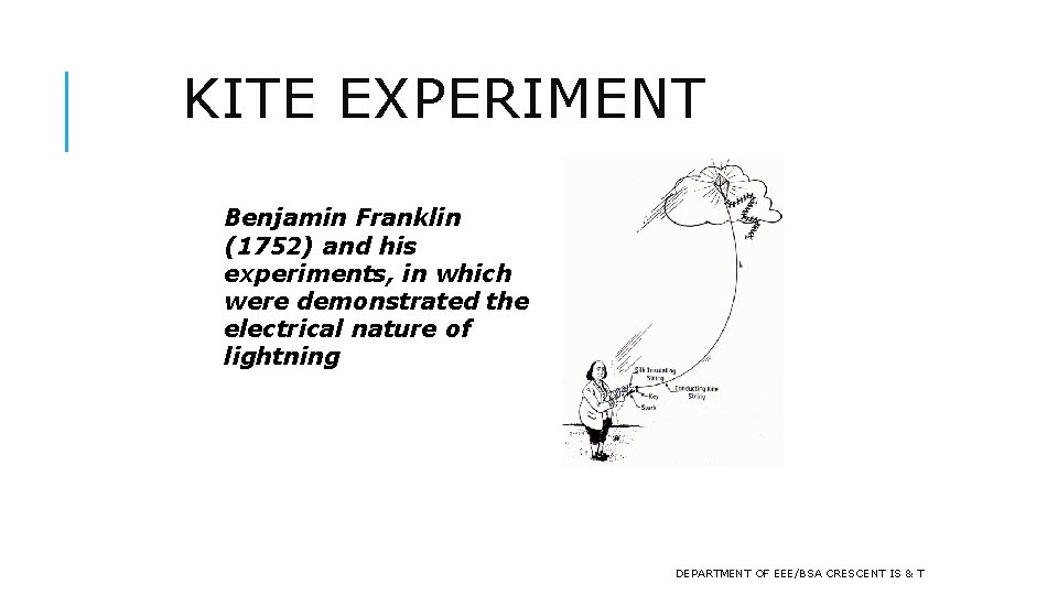 KITE EXPERIMENT Benjamin Franklin (1752) and his experiments, in which were demonstrated the electrical