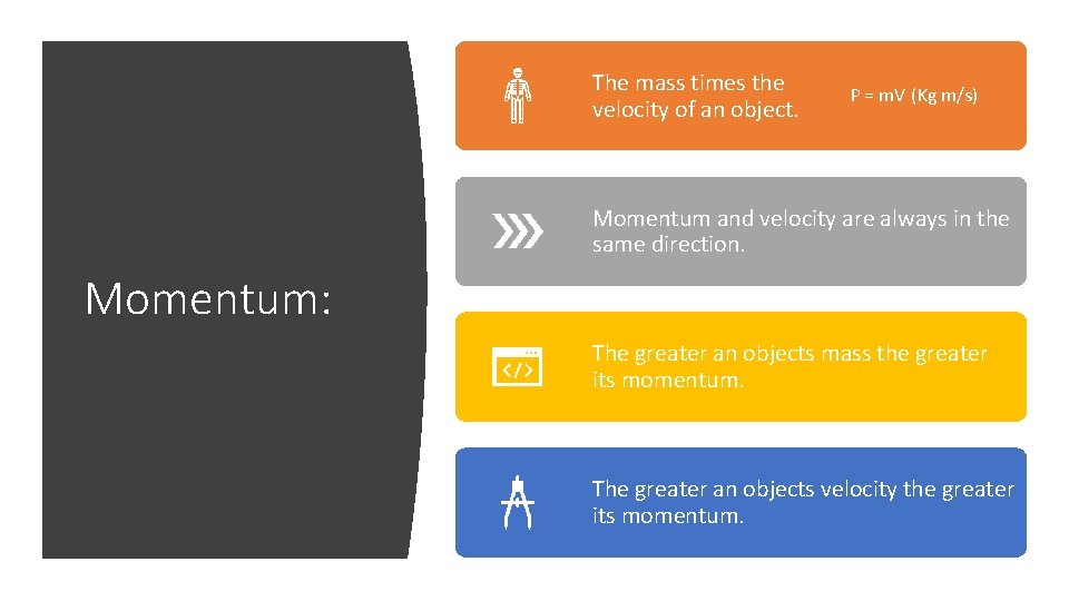 The mass times the velocity of an object. P = m. V (Kg m/s) The mass times the velocity of an object. P = m. V (Kg m/s)