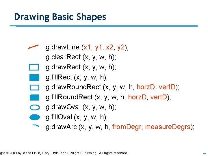 Drawing Basic Shapes g. draw. Line (x 1, y 1, x 2, y 2); Drawing Basic Shapes g. draw. Line (x 1, y 1, x 2, y 2);