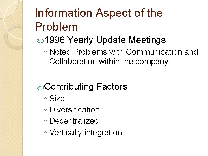 Information Aspect of the Problem 1996 Yearly Update Meetings ◦ Noted Problems with Communication