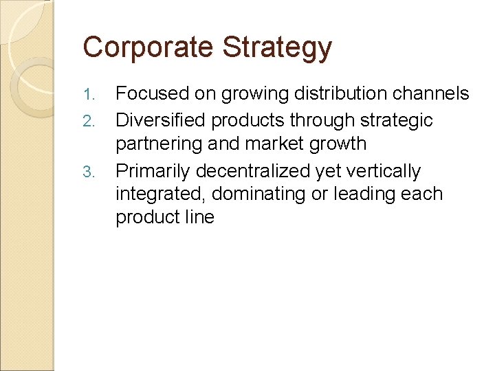 Corporate Strategy 1. 2. 3. Focused on growing distribution channels Diversified products through strategic