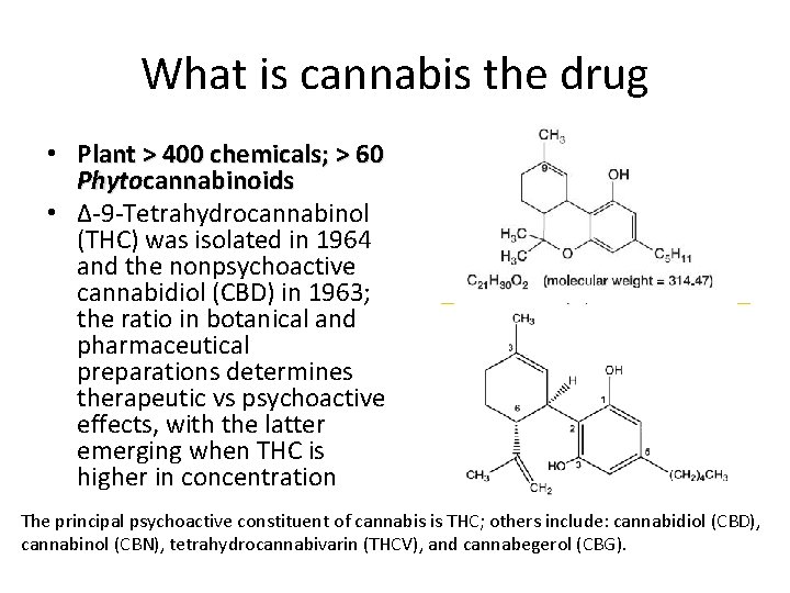 What is cannabis the drug • Plant > 400 chemicals; > 60 Phytocannabinoids • What is cannabis the drug • Plant > 400 chemicals; > 60 Phytocannabinoids •