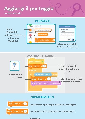 Aggiungi il punteggio scratch. mit. edu PREPARATI Scegli «Variabili» . Score Clicca il bottone