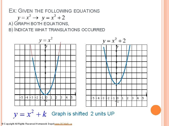 EX: GIVEN THE FOLLOWING EQUATIONS A) GRAPH BOTH EQUATIONS, B) INDICATE WHAT TRANSLATIONS OCCURRED