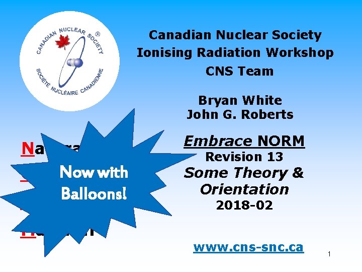 Canadian Nuclear Society Ionising Radiation Workshop CNS Team Bryan White John G. Roberts Naturally