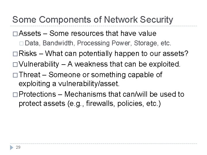 Some Components of Network Security � Assets � Data, � Risks – Some resources