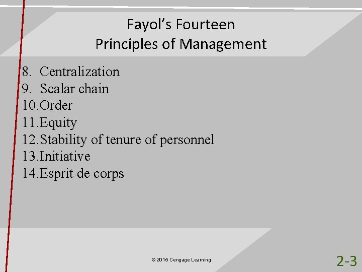 Fayol’s Fourteen Principles of Management 8. Centralization 9. Scalar chain 10. Order 11. Equity